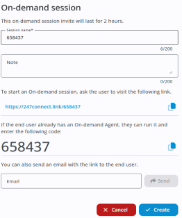 Create On-demand session screen. It shows a form with fields for Session name (pre-filled with the session code) and Note (empty). Below are instructions for starting a session via a unique link or by entering the session code. A clipboard icon allows copying the link or code. There's also an email input field with a Send button to email the session link, and a Create button at the bottom to confirm session creation.